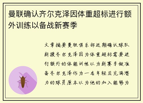 曼联确认齐尔克泽因体重超标进行额外训练以备战新赛季