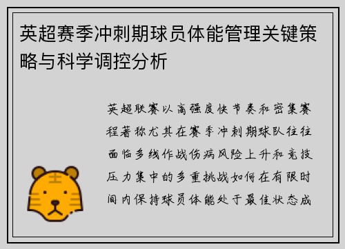 英超赛季冲刺期球员体能管理关键策略与科学调控分析
